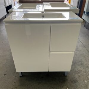 750mm Aria ensuite white gloss finger pull 1 door, 2 drawer vanity with porcelain top 